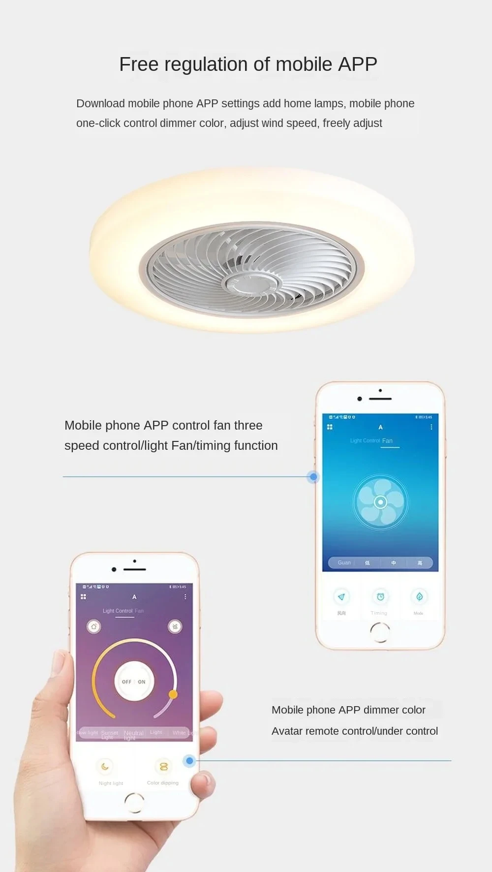 Description Picture 3 of itemHot Sale Indoor LED Light 110V Infinitely Dimmable Five Colors APP/Remote Control Mute Wind Speed Adjustable Ceiling Fan Lights