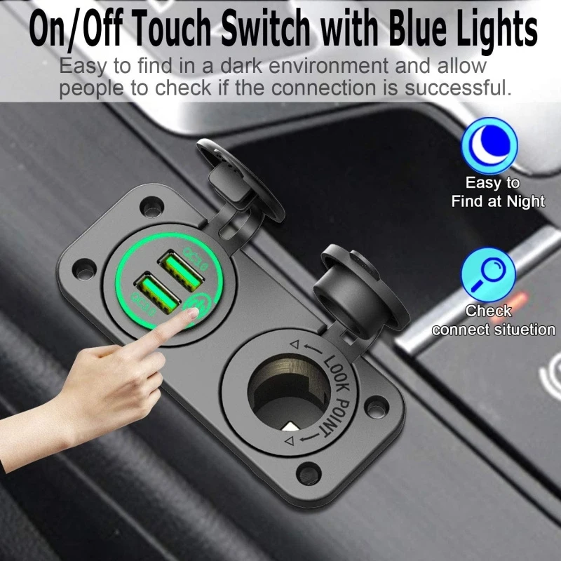 QC 3.0 Dual USB Car Charger C-Igarette Lighter Socket 12V Fast Charger with Contact Switch for Boat Motorcycle Truck