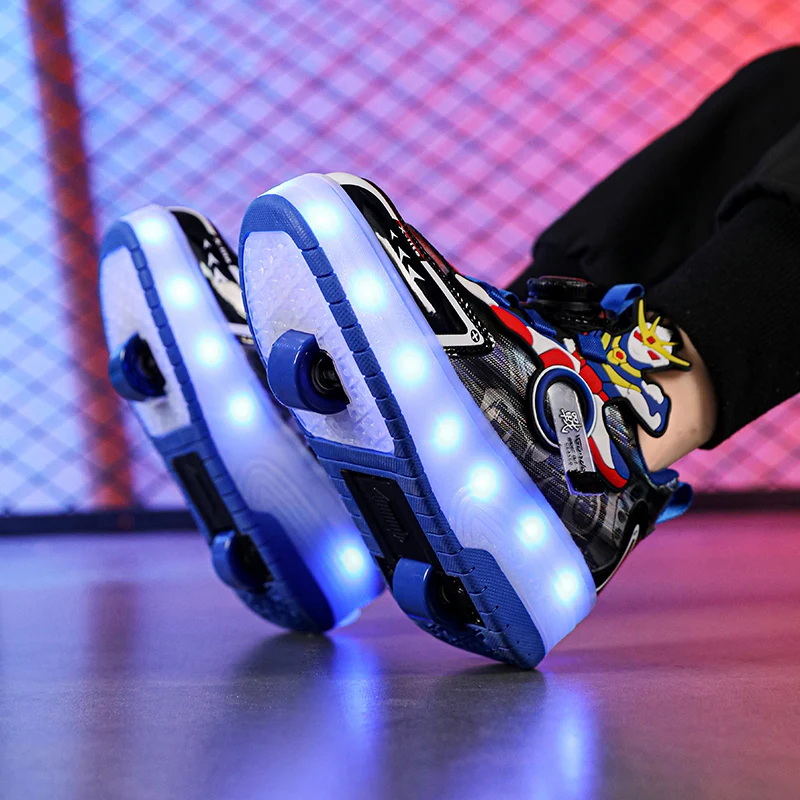 Kids Shoes Boys' sneakers rotating button cartoon usb charging bright light roller skating rampage shoes elementary school children's shoes red sneakers