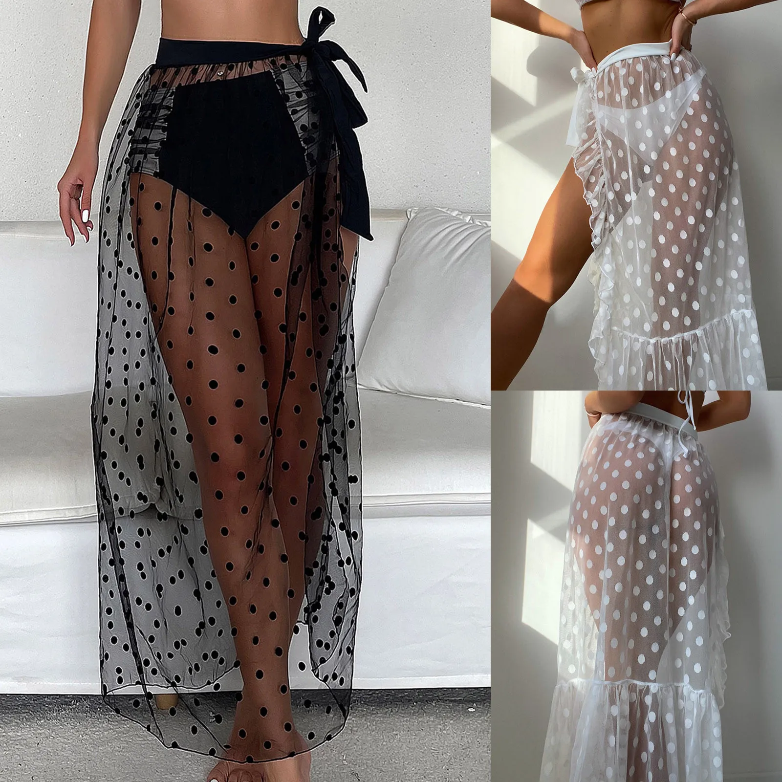 

2022 Summer Women Bikini Cover Up Skirt Mesh Embroidered Polka Dot Swimsuit Cover Up Sheer Swimwear Shawl Skirt Female