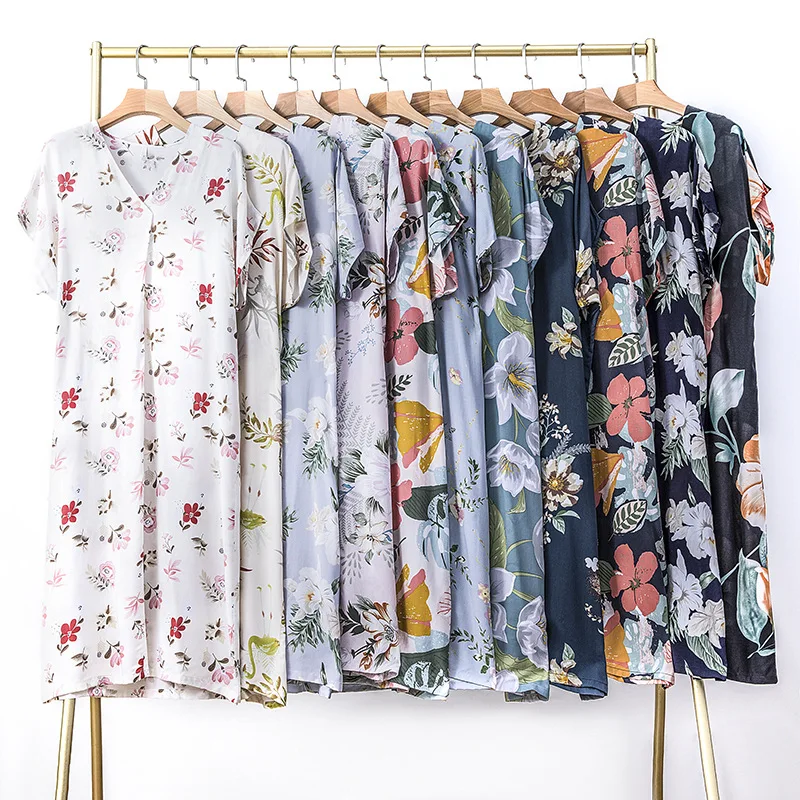 

Ночная сорочка с цветочным принтом хлопковая с коротким рукавом летняя ночная рубашка с V-образным вырезом свободная одежда для мам Домашняя одежда домашняя одежда