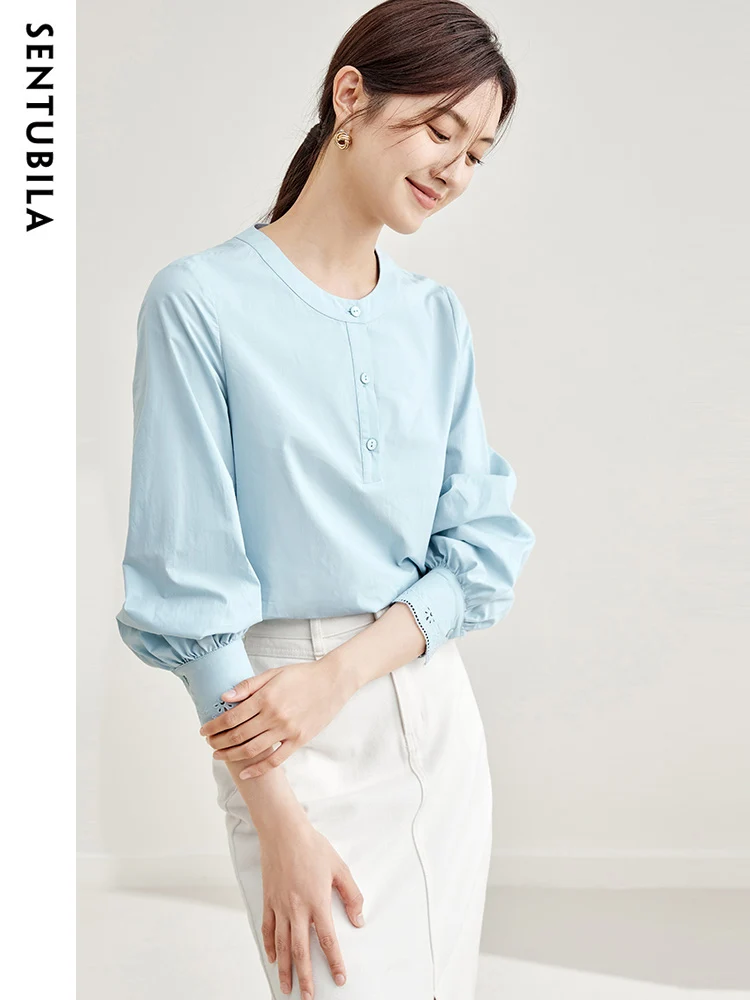 

Sentubila Light Blue Cotton 100% Shirts & Blouses 2024 Spring O-neck Puff Sleeve Loose Women's Shirt Tops for Women 133V50664