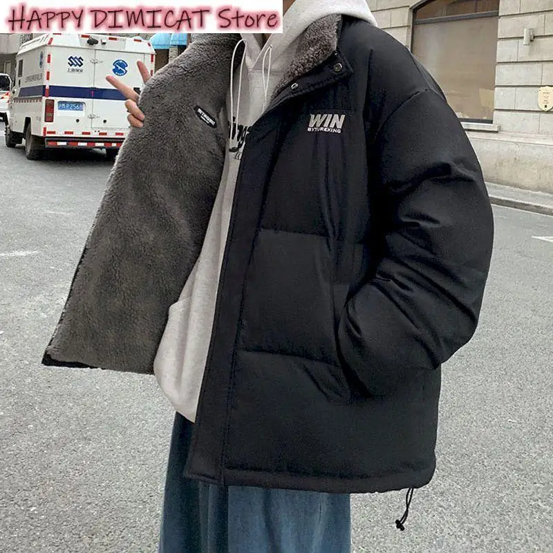 Male Padded Coat Warm Jackets Harajuku Fleece Thicken Letter Graphic Men Winter Coat Stand Collar Oversize Parkas Korean Style