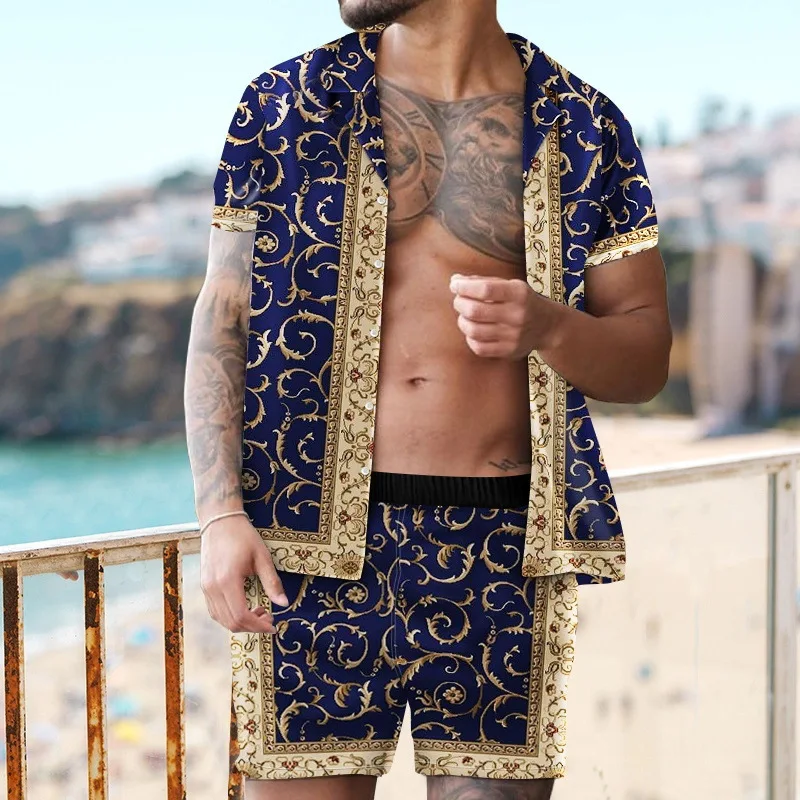 남성용 빈티지 하와이 반팔 셔츠 세트, 해변 스타일, 3D 프린트, 럭셔리 여름 세트 칼라, 짧은 하와이 바지, 2 개 세트