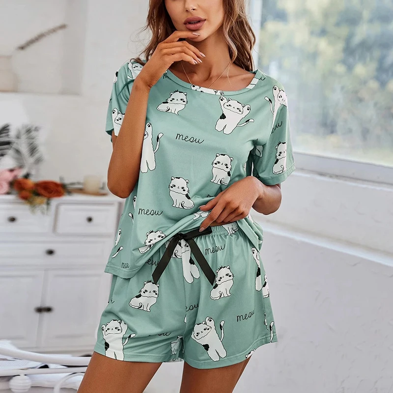 Women's Cartoon Print Short Sleeve Pajama Set - Top and Pants Sleepwear Lounge Set