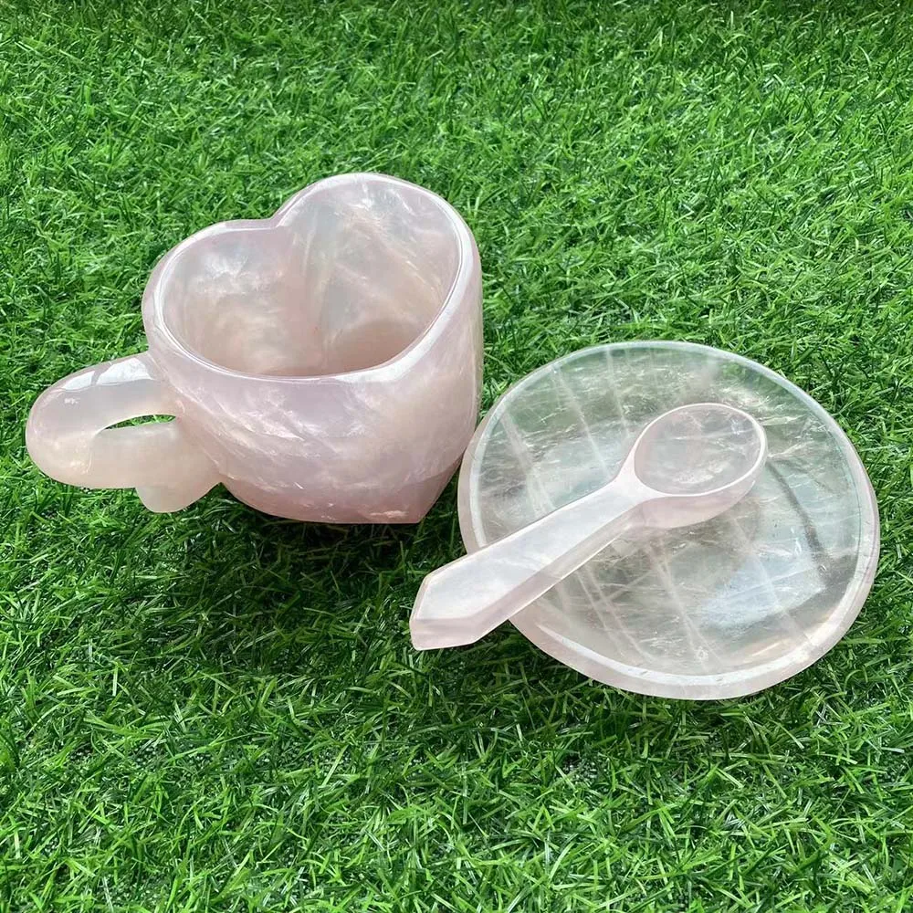 

Natural Crystal Cup Rose Quartz Tea Mug Water Milk Glass Spoon Pink Healing Stones Ornaments For Collection Home Decor Gift