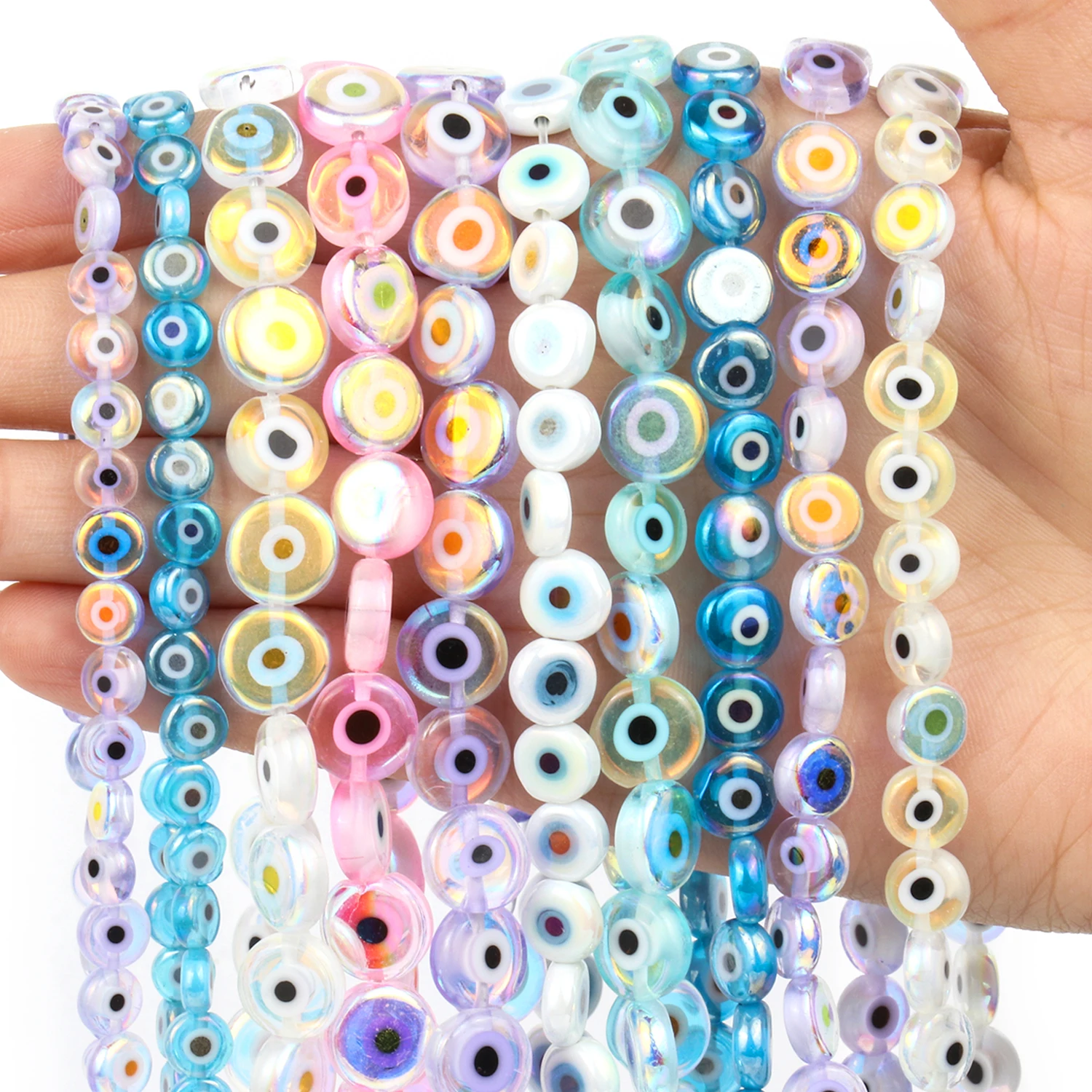 

6/8/10mm Evil Eye Millefiori Lampwork Glazed Glass Bead AB Colors Flat Round Disc Beads for Jewelry Making Bracelets Accessories