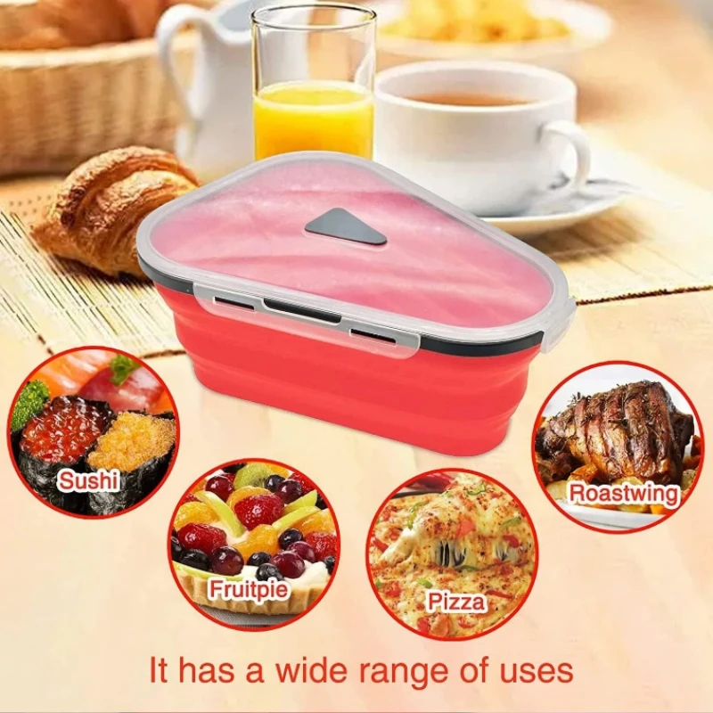 Multi-Functional Silicone Pizza Box Triangular Shape-Reusable Foldable Food Container with 5 Trays, BPA Free Commercial Grade