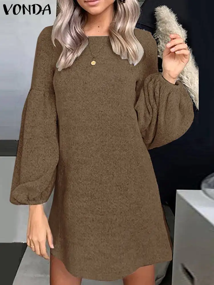 

VONDA Elegant Casual Solid Color Dress Women's Short Mini Sundress 2023 Autumn Loose Long Lantern Sleeve Sweatshirt Vestidos