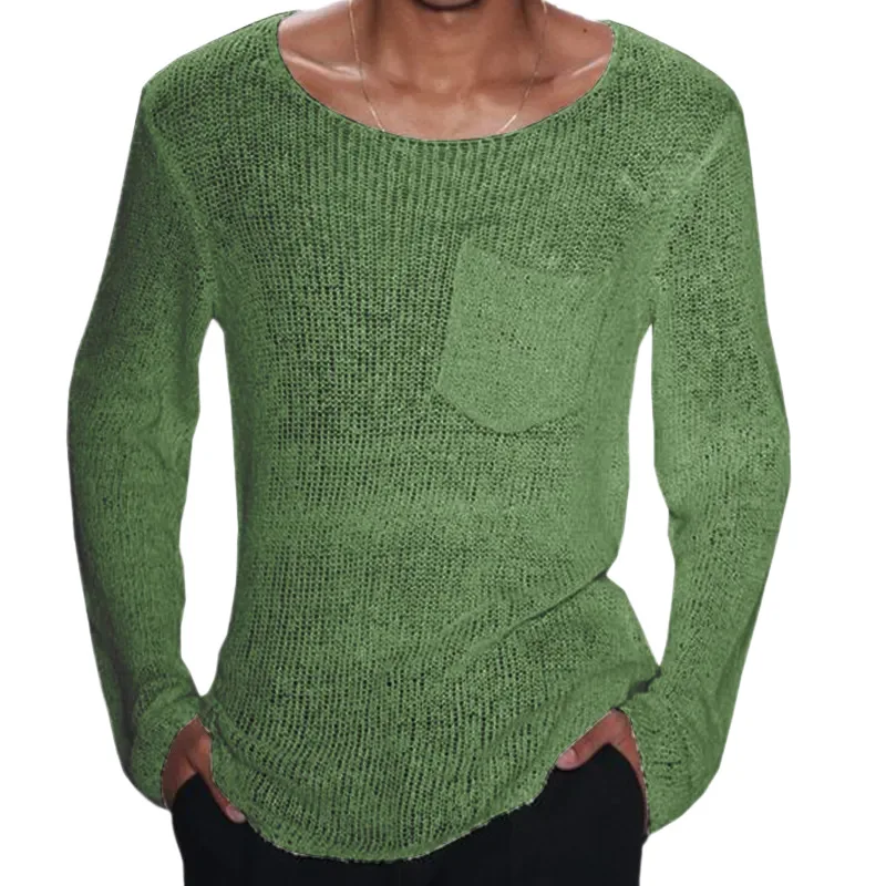Men's Sweater 2023 Spring Summer New Slim Simple Pure Color Breathable Casual Large Size Sweater