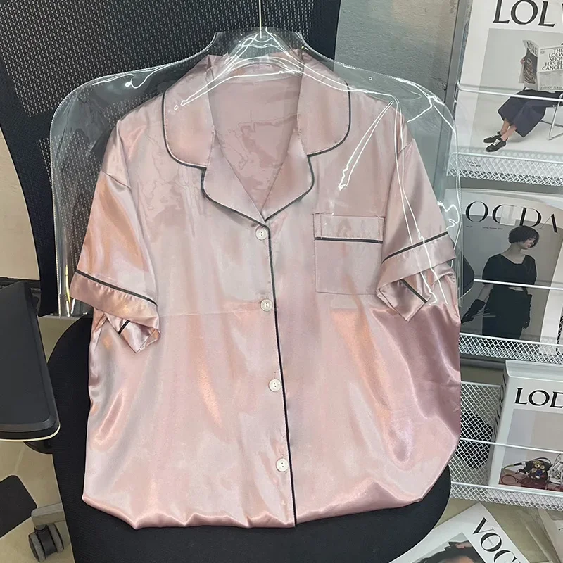 

Пижамный комплект женский из двух предметов, однотонная Розовая атласная пижама с карманами из искусственного шелка, одежда для сна с коротким рукавом, домашняя одежда, весна-лето