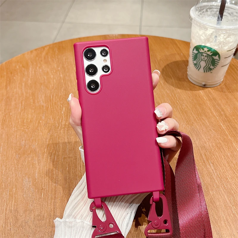 Solid Color Soft Silicone Phone Case with Lanyard Strap Cover