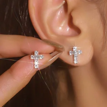 Cross Gothic Earrings Silver Color 2025 Trend Earrings Rhinestones Women's Small Fashion Jewelry Party Gifts Accessories