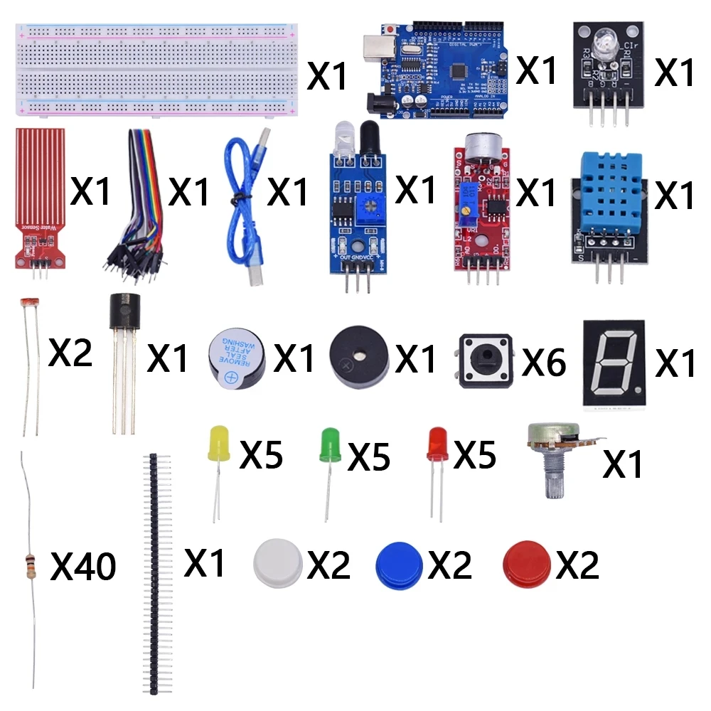 

Стартовый комплект для Arduino R3, макетная плата, простой базовый обучающий комплект, звук/уровень воды/Влажность/Расстояние обнаружения/светодиодный контроль