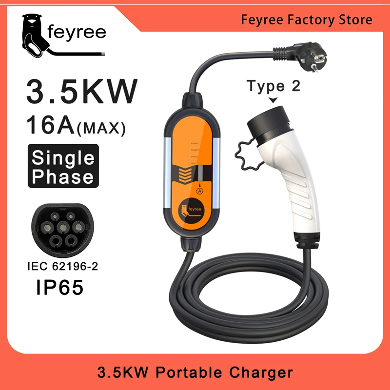 feyree EV Portable Charger Type2 3.5KW Adjustable Current 8/10/13/16A Type1 j1772 Schuko Plug Wallbox for Electric Vehicle Car