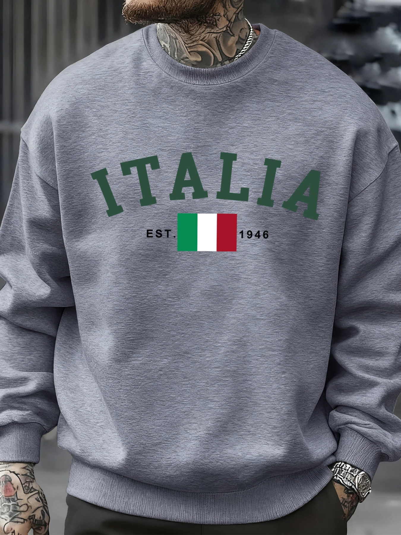 Italian Flag Print Men Sweatshirt Fleece Pullover Crewneck Oversize Sportswear Autumn Fashion Clothing