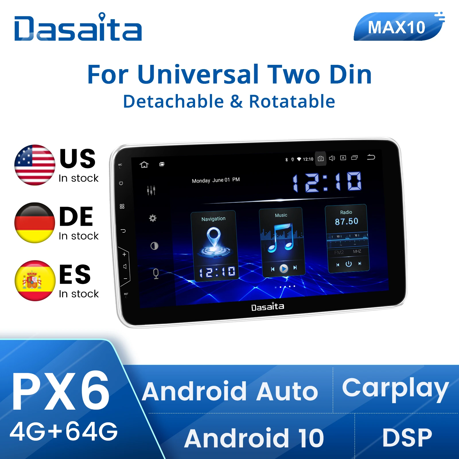 Dasaita 10 inch Rotatable Screen 2din Android 9.0 Car Stereo for Universal Radio GPS DSP System 4G Ram 64G ROM Bluetooth 5.0 15Band EQ Navigation Multimedia
