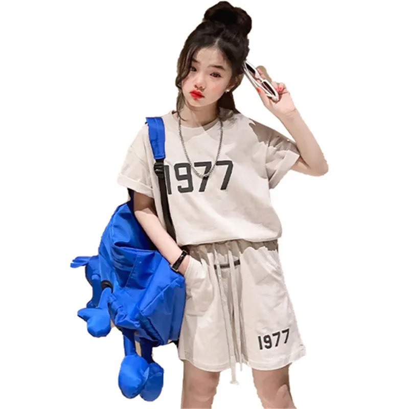 

Kids Girls Clothing Sets Teenage Summer Casual Short Sleeve T-shirts + Shorts 2PCS Fashion Children Clothes Suits 8 10 12 14Yrs