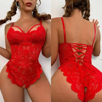 Set di reggiseni con fasciatura posteriore in pizzo da donna con lingerie rossa sexy senza cavallo, costumi erotici, set di biancheria intima porno aperta con orsacchiotto 1