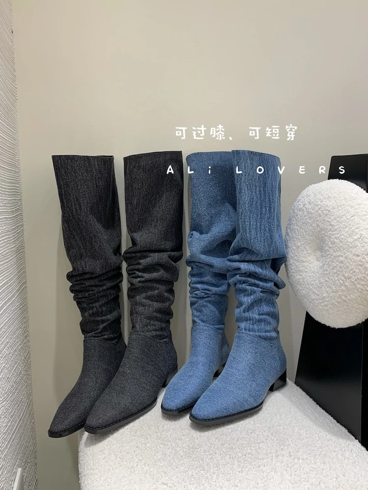 

Blue Jeans Botas Femininas Fall Pointed Toe Long Boots Knee High Women Fashion Outdoor Shoes Thick Heel Zapatos Mujer