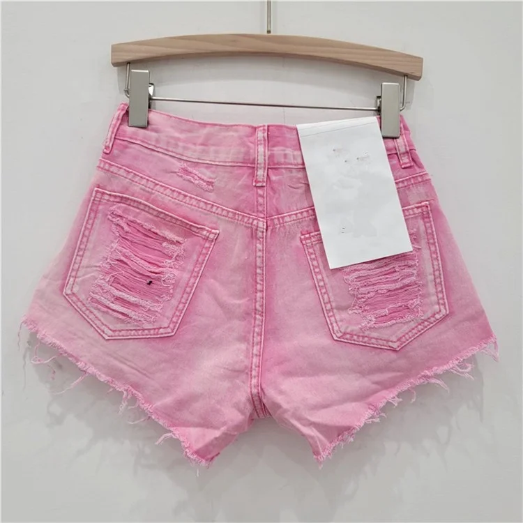 2024 Summer New Streetwear Burrs Tassel Hem Wide Leg Shorts Women's Hole Low Waist Distressed Jeans Shorts