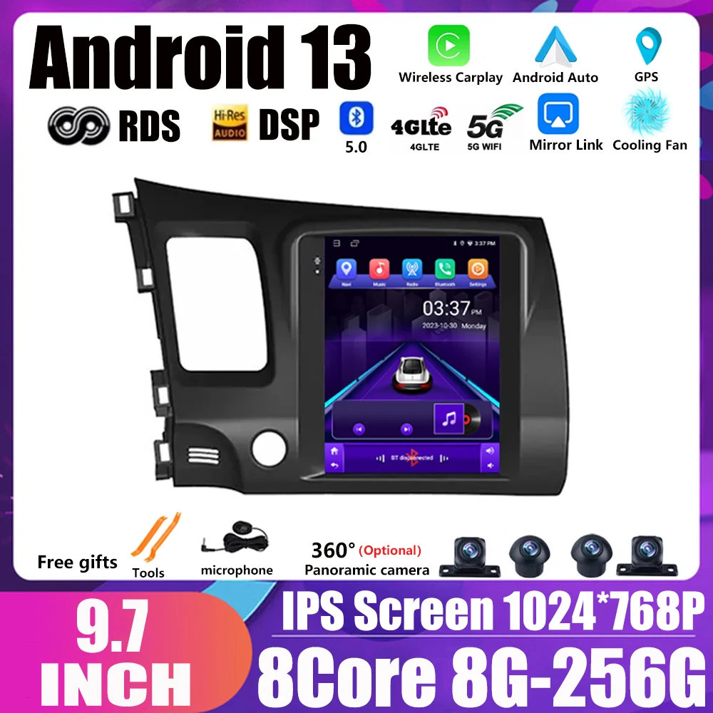 

Android 13 для Honda Civic 2005 - 2012 LHD головное устройство Автомобильное стерео радио 9,7 "Мультимедийный видеоплеер навигация Carplay GPS DSP BT