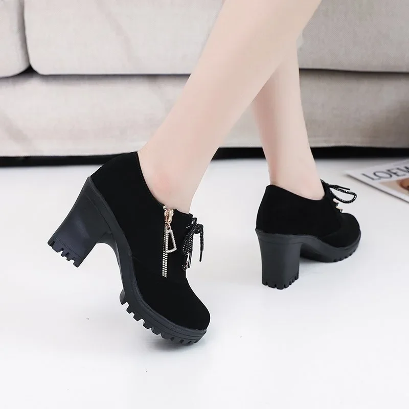 Women's Retro High Heel Ankle Boots New Square Heel Woman High Boots Female Round Toe Side Zipper Platform Short Booties