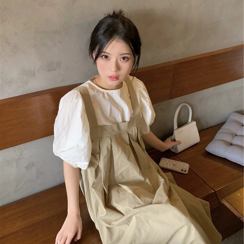 Summer Maternity Dress Set Fashion Puff Sleeve Top Strap Dress Twinset Preppy Style Pregnant Woman Clothing Sets