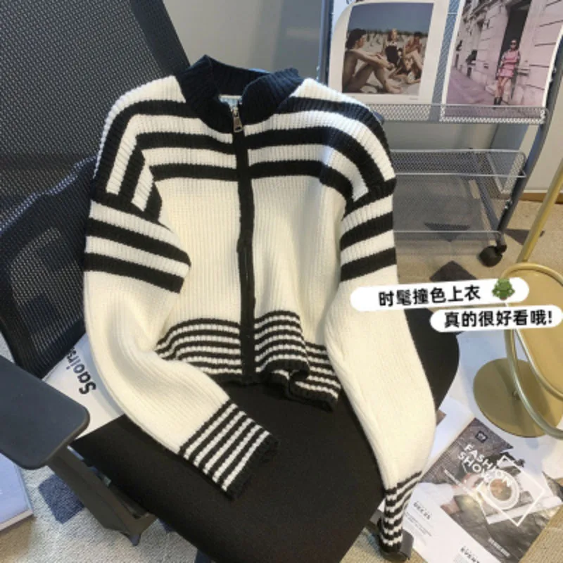 

Stand Collar Zipper Women Cardigans Korean Fashion Contrast Color Striped Sweaters Knitwear Slim Autumn Sweater