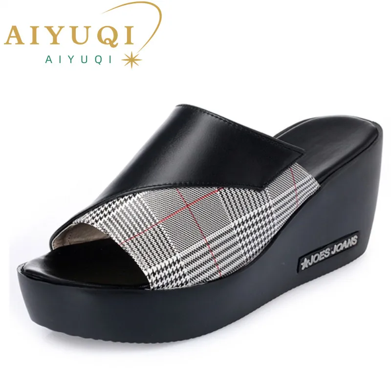 AIYUQI woman platform flip flops 2024 new summer women genuine leather slipper high heel shoes big size 41 42 43 women slipper