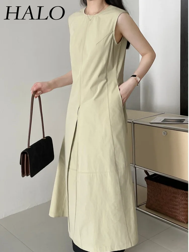 

HALO 2024 Spring/Summer New Fashionable And Elegant Round Neck Waist Slim And Simple Sleeveless Suspended Dress For Women