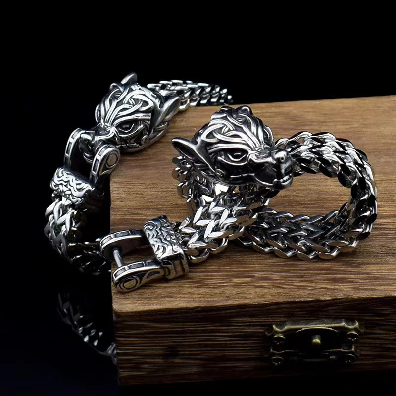 Viking Wolf Head Punk Men Bracelet 2023 Fashion Retro Stainless Steel Wristband Charm Party Mesh Metal Chain Bangle Jewelry