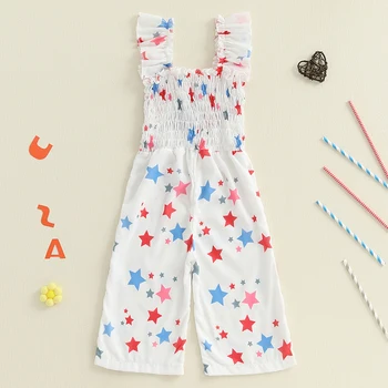 Toddler 4th of July Romper with Star Print and Smocked Pants Girl s Sleeveless Jumpsuit for Summer Celebrations 3