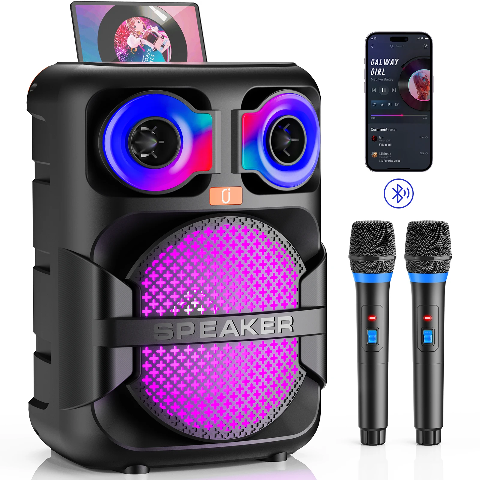 T28-T Karaoke Speaker, Home Karaoke Machine with 2 Microphone, Portable Bluetooth Speaker with LED Party Light, LED Party Light