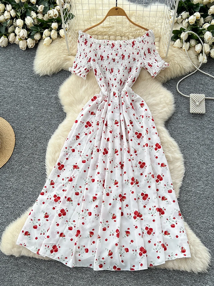 ワンピース [YOUHEE] FLOWER PATTERN PUFF DRESS WHITE Summer Women's Beach Vacation Dresses New Floral Print Slash