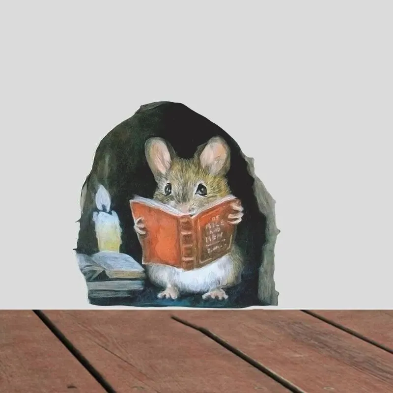 3PC Realistic Reading Mouse Hole Stickers for Corner Stairs Funny Room Decor Pvc Wallpaper for Home Decoration Wall Decal