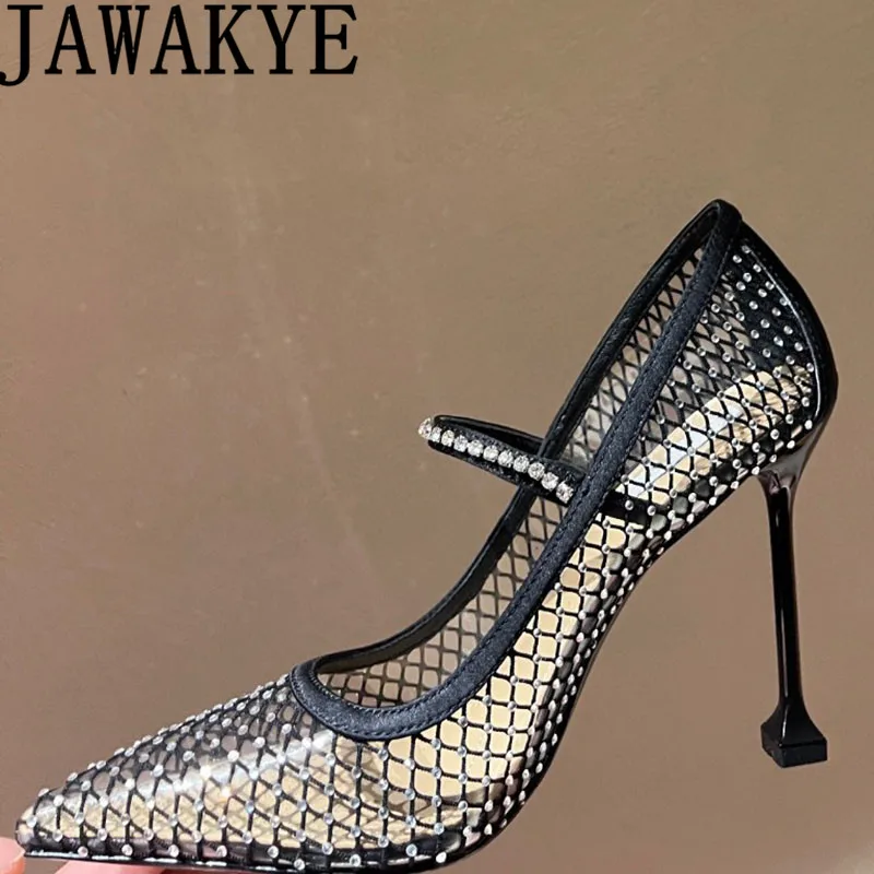 

High Heel Net Pumps Mary Jane Shoes Women Hollow Out Mesh Crystal Formal Dress Shoes Summer Sexy Wedding Party Shoes Women
