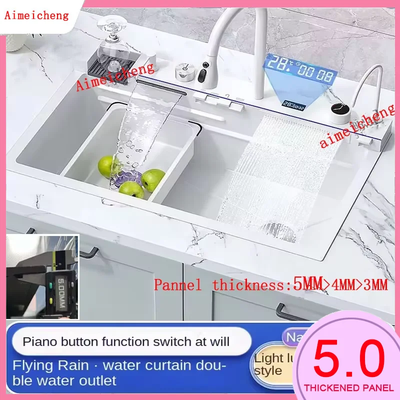 อ่างล้างจานน้ําตกฝนบินสีขาวแบบบูรณาการอเนกประสงค์ช่องเดียวขนาดใหญ่ 304 อ่างล้างจานสแตนเลส 1