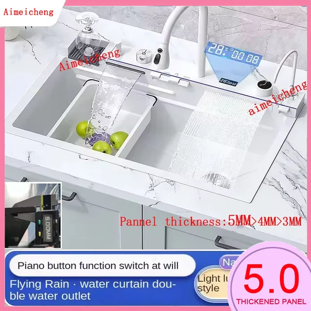 อ่างล้างจานน้ําตกฝนบินสีขาวแบบบูรณาการอเนกประสงค์ช่องเดียวขนาดใหญ่ 304 อ่างล้างจานสแตนเลส 1