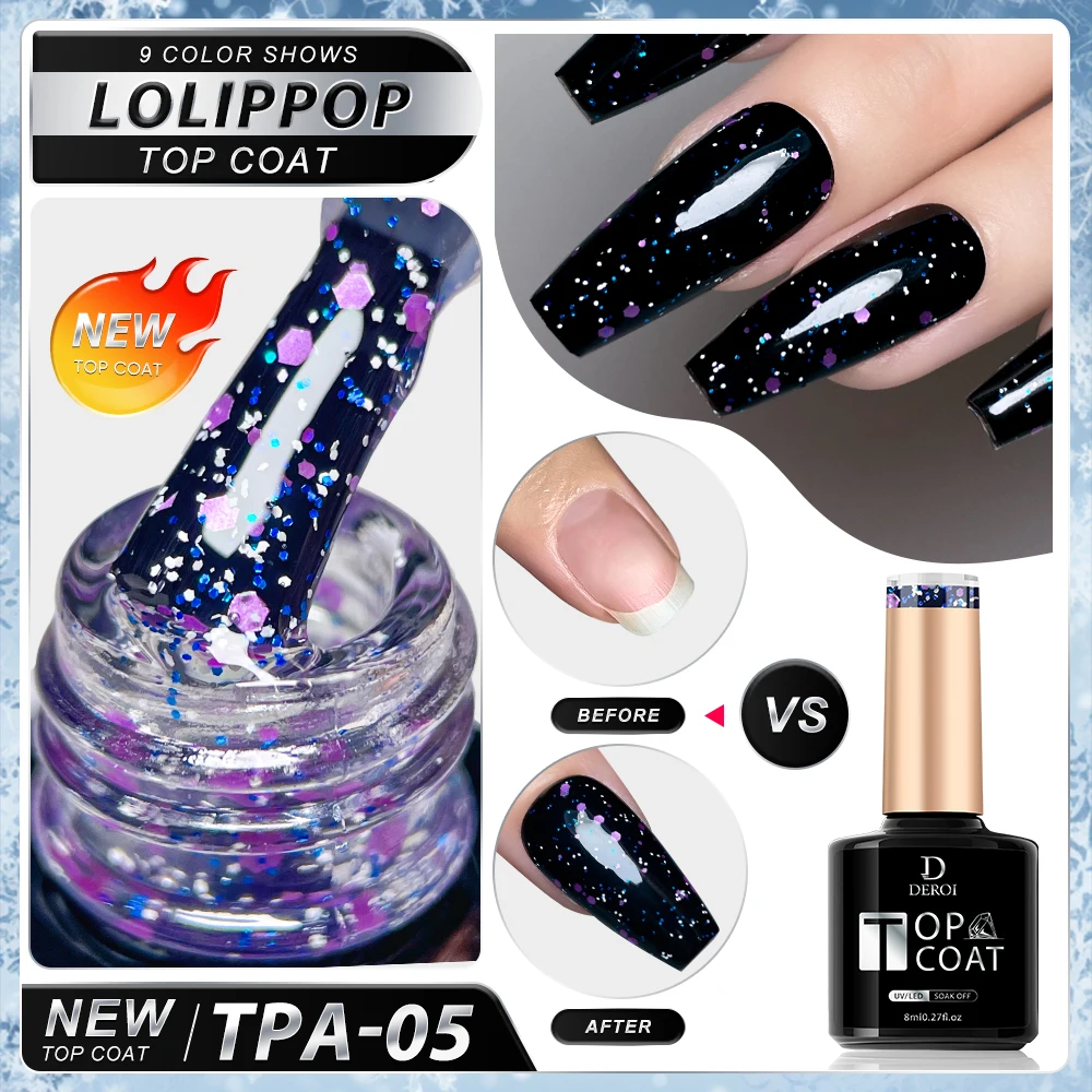 DEROI 2 IN 1 Glitter No Wipe Top Coat Gel Clear Nail Polish Flash Diamond Top Coat UV Gel Matte Topcoat Soak Off Manicure 8ml 3