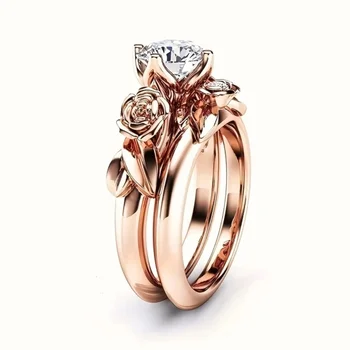 Trendy Flower Shape Rose Gold Color Two Piece Set Inlay Stone Rings For Women Fashion Rings Accessories Custom Jewelry 1
