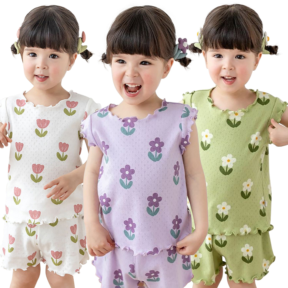 Summer New Children's Pajamas Sets Thin Short Sleeve Sleepwear Shorts Print Loungewear Set Baby Girl Tank Top Children's Clothes