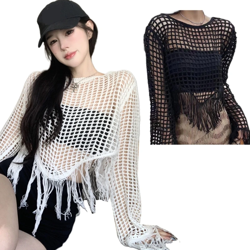 

Women Y2K Harajuku Sweater Crewneck Fairycore Grunge Hollow Out Knit Dropship