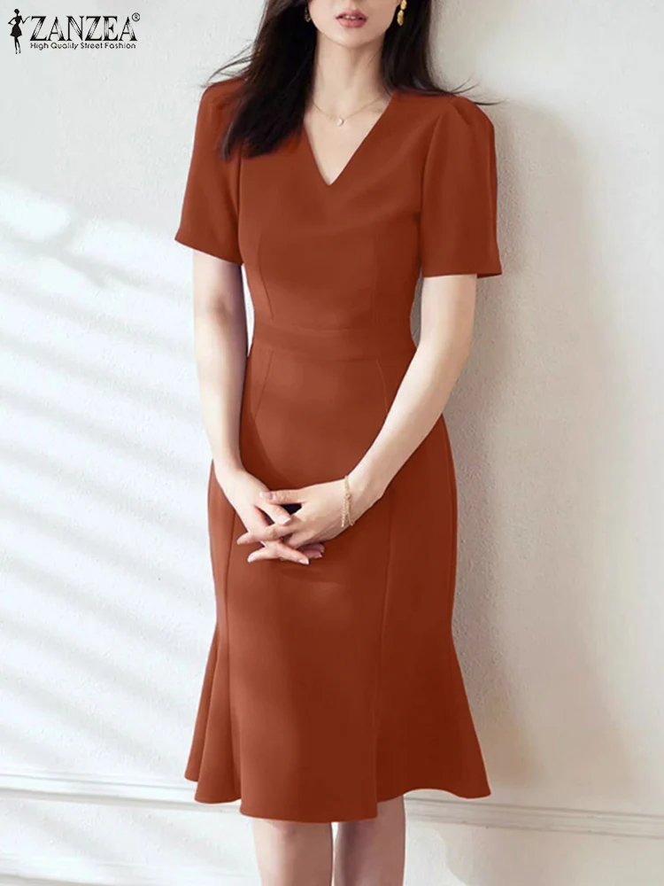 

Women Fashion Mermaid Sundress ZANZEA Summer Elegant V Neck Short Sleeve OL Dress Casual Solid Party Work Knee-length Vestido