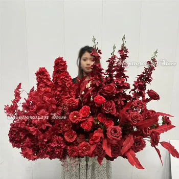 Red Artificial Floor Flower Row Arrangement Table Flower Ball Event T Stage Wedding Floral Wedding ﻿Decor Props Road Lead Decor 1