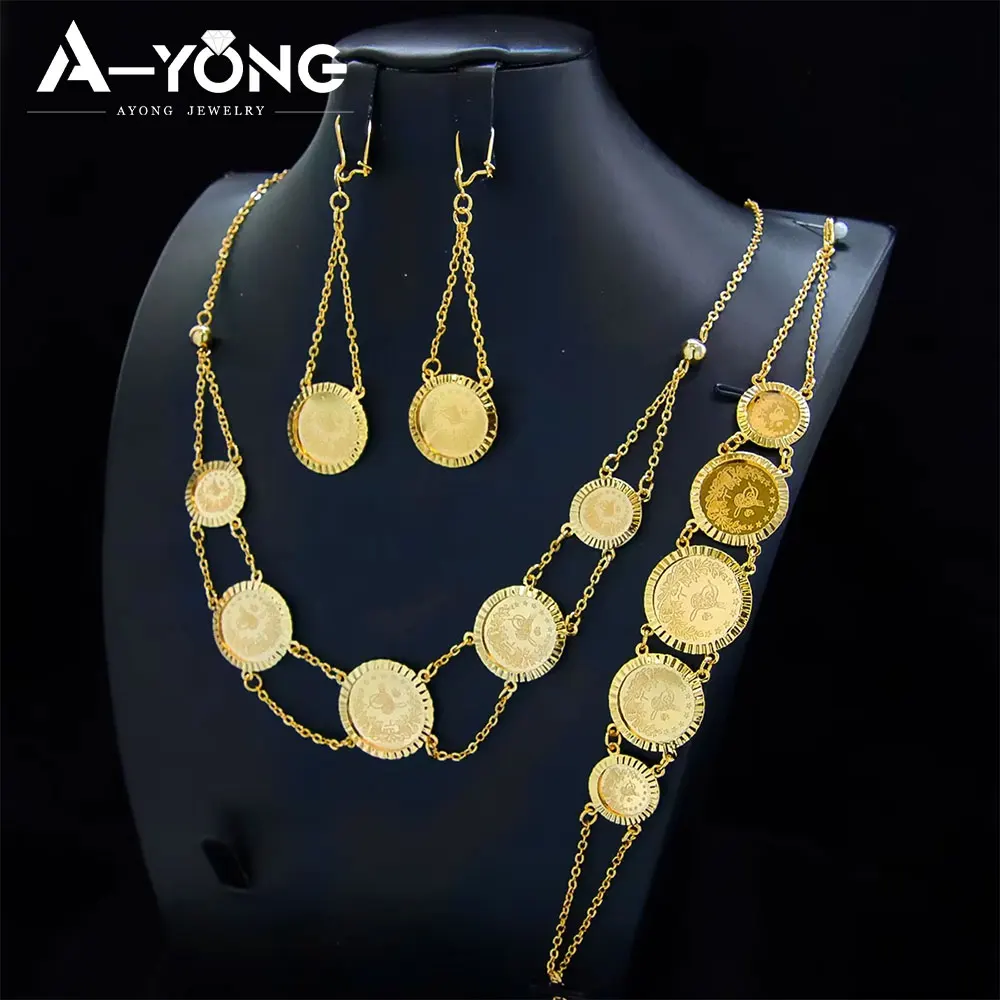 Islamisches Vintage-Gold-Schmuckset, 21 Karat vergoldetes Kupfer, türkische Lira-Münzen, Halskette, Armband, Ohrringe, Luxus-Schmuck aus dem Nahen Osten