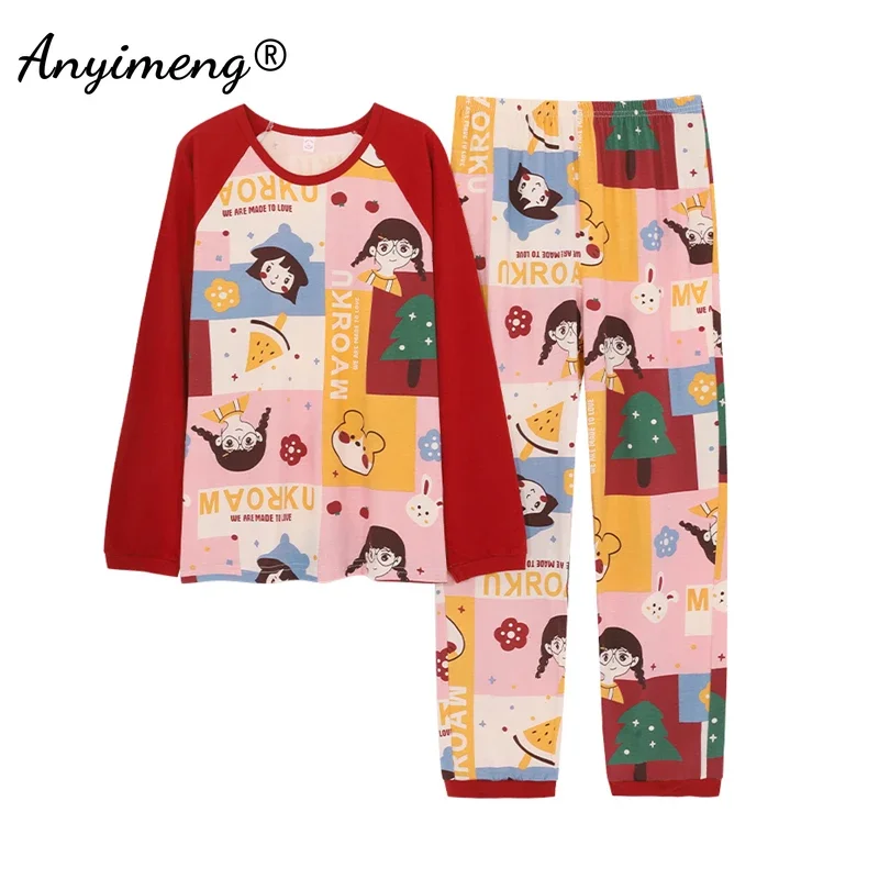 

Pijamas Spring Autumn Winter 100% Pure Cotton Sleepwear Patchwork Red Kawaii Young Girl's Printing Pajamas Set Women Nightwear