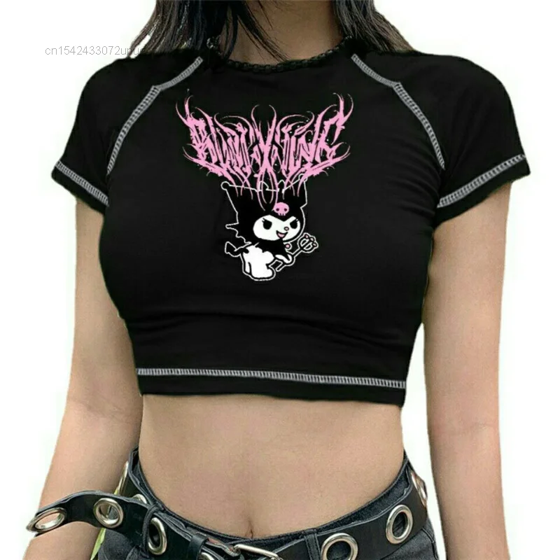 

Женский короткий топ Sanrio Kuromi, винтажная модная футболка в стиле панк с коротким открытым пупком, Корейская одежда, летние футболки с коротким рукавом