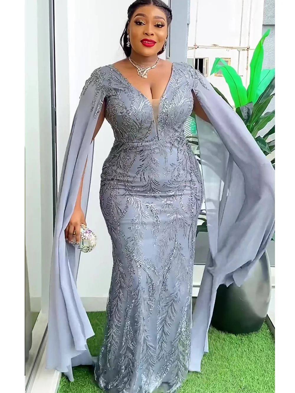 Plus Size African Party Dresses Sequin Wedding Evening Gown Sexy