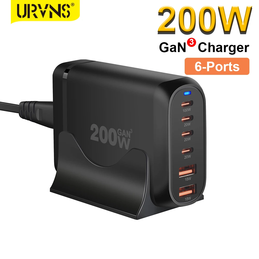 URVNS 200 Вт GaN Станция быстрой зарядки Черно-белое настольное зарядное устройство для MacBook Pro iPhone Samsung Galaxy с с...